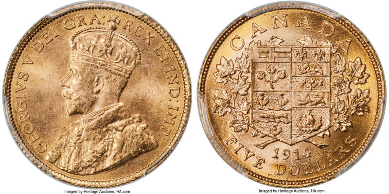 George V gold 5 Dollars 1914 MS65 PCGS, Ottawa mint, KM26, Fr-4. Fully lustrous,...