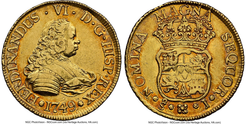 Ferdinand VI gold 4 Escudos 1749 So-J AU53 NGC, Santiago mint, KM2, Cal-740. Fir...