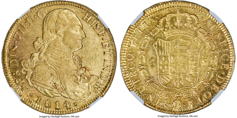 Ferdinand VII gold 8 Escudos 1814 So-FJ AU58 NGC, Santiago mint, KM78, Cal-1871....