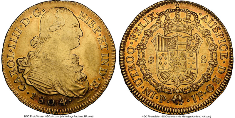 Charles IV gold 8 Escudos 1804 P-JF AU55 NGC, Popayan mint, KM62.2, Onza-1067. E...