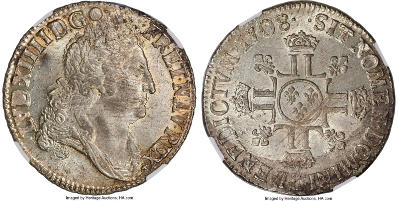 Louis XIV Ecu 1708-T MS64 NGC, Nantes mint, KM360.18, Dav-1320, Gad-227. In some...