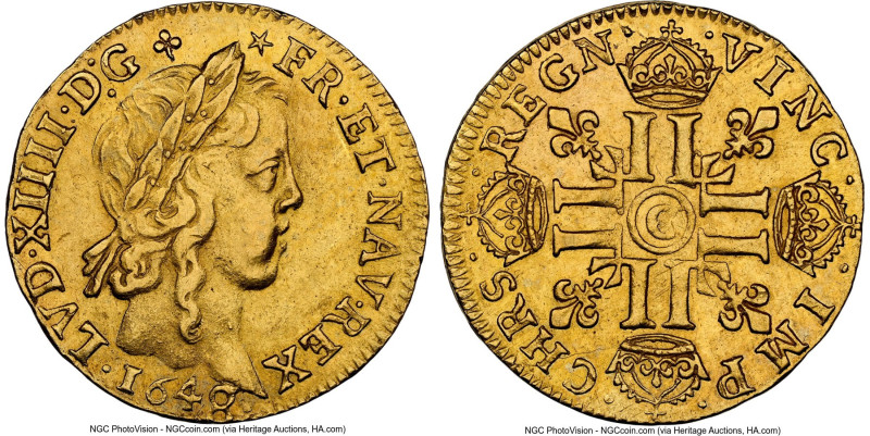 Louis XIV gold Louis d'Or 1648-C AU58 NGC, Saint Lô mint, KM157.4, Gad-245, Fr-4...