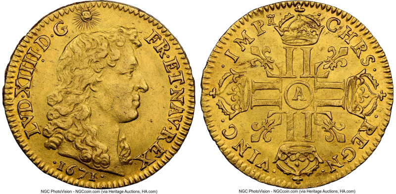 Louis XIV gold Louis d'Or 1671-A MS62 NGC, Paris mint, KM219.1, Fr-423. Desirabl...