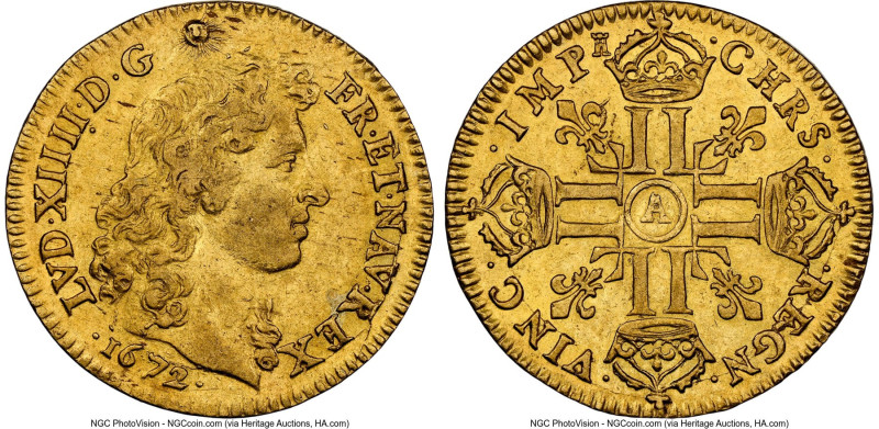 Louis XIV gold Louis d'Or 1672-A AU55 NGC, Paris mint, KM219.1, Gad-247, Fr-423....