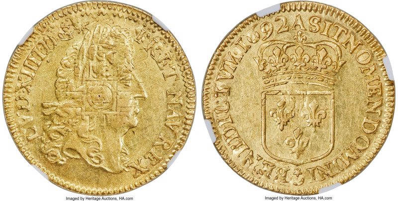 Louis XIV gold Louis d'Or 1692-A MS62 NGC, Paris mint, KM278.1, Fr-429. Struck o...