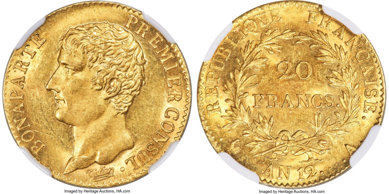 Napoleon gold 20 Francs L'An 12 (1803/1804)-A MS62 NGC, Paris mint, KM651, Fr-48...