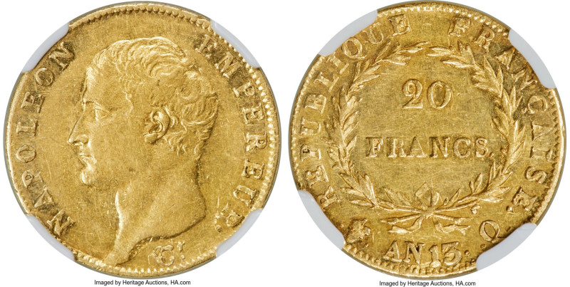 Napoleon gold 20 Francs L'An 13 (1804/1805)-Q AU53 NGC, Perpignan mint, KM663.3,...