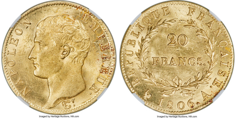 Napoleon gold 20 Francs 1806-A MS63 NGC, Paris mint, KM674.1, Fr-487a. Carmine t...