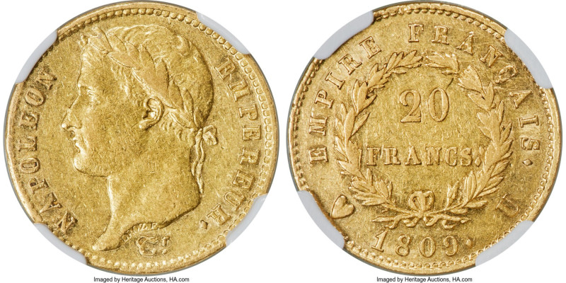 Napoleon gold 20 Francs 1809-U AU53 NGC, Turin mint, KM695.9, Fr-515. Appears to...