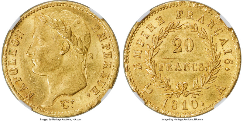 Napoleon gold 20 Francs 1810-A MS63 NGC, Paris mint, KM695.1, Fr-511. Flaxen-inf...