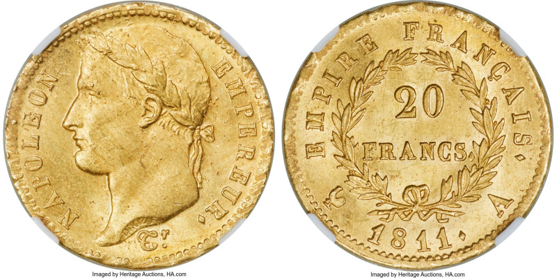 Napoleon gold 20 Francs 1811-A MS65 NGC, Paris mint, KM695.1, Fr-511. Lightly to...