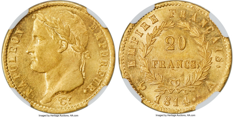 Napoleon gold 20 Francs 1814-A MS62 NGC, Paris mint, KM695.1, Fr-511. The lowest...