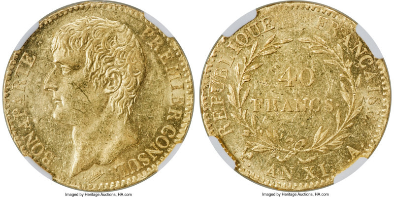 Napoleon gold 40 Francs L'An XI (1802/1803)-A MS61 NGC, Paris mint, KM652, Fr-47...