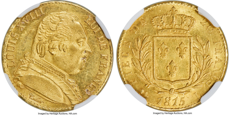 Louis XVIII gold 20 Francs 1815-L MS62 NGC, Bayonne mint, KM706.4, Fr-526. Two-y...