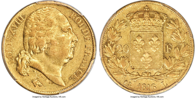 Louis XVIII gold 20 Francs 1816-L AU53 PCGS, Bayonne mint, KM712.5, Gad-1028. A ...