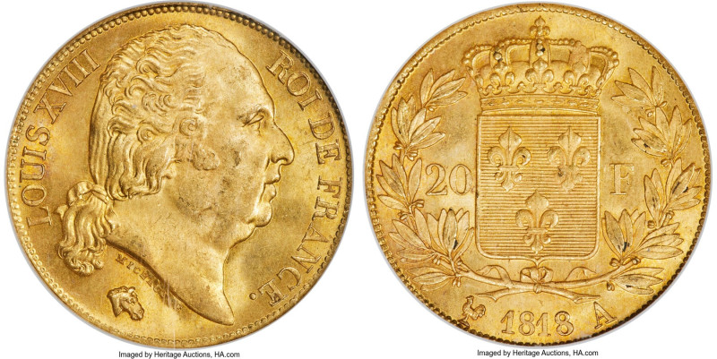 Louis XVIII gold 20 Francs 1818-A MS64 NGC, Paris mint, KM712.1, Fr-538. This pr...