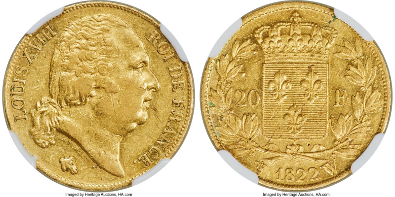 Louis XVIII gold 20 Francs 1822-W AU55 NGC, Lille mint, KM712.9, Fr-539. Exhibit...