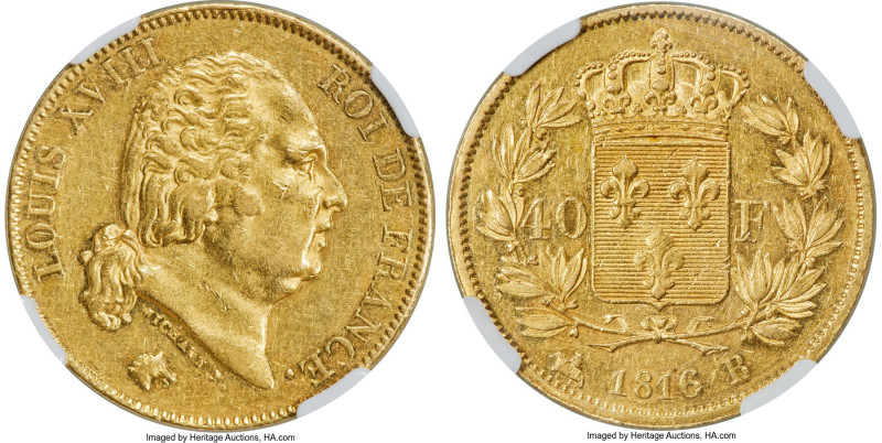 Louis XVIII gold 40 Francs 1816-B AU55 NGC, Rouen mint, KM713.2, Fr-533, Gad-109...