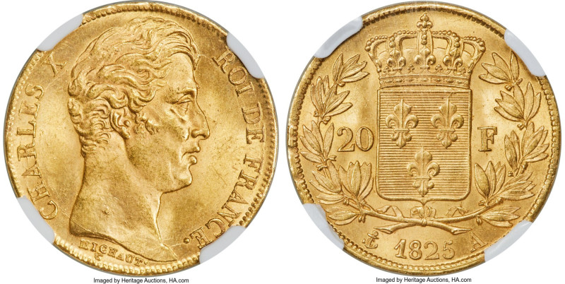 Charles X gold 20 Francs 1825-A MS64 NGC, Paris mint, KM726.1, Fr-549. Awash in ...