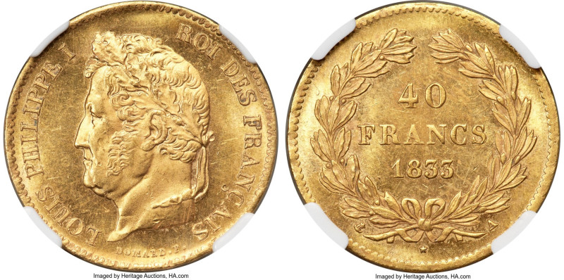 Louis Philippe gold 40 Francs 1833-A MS64 NGC, Paris mint, KM747.1, Fr-557. Bede...