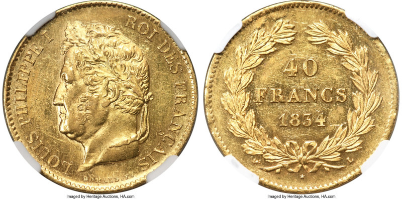 Louis Philippe gold 40 Francs 1834-L MS61 NGC, Bayonne mint, KM747.3, Fr-559. Mi...