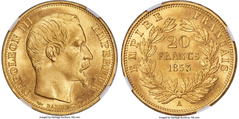 Napoleon III gold 20 Francs 1853-A MS66 NGC, Paris mint, KM781.1, Fr-573. First ...