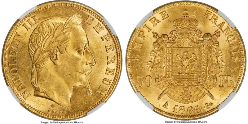 Napoleon III gold 50 Francs 1866-A MS64 NGC, Paris mint, KM804.1, Gad-1112. Not ...