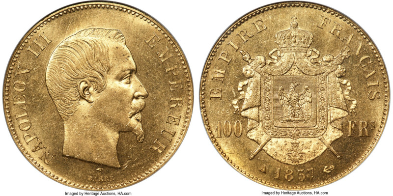 Napoleon III gold 100 Francs 1857-A MS63 NGC, Paris mint, KM786.1, Fr-569, Gad-1...