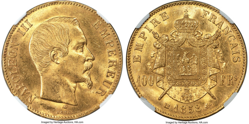 Napoleon III gold 100 Francs 1858-BB MS63 NGC, Strasbourg mint, KM786.2, Fr-570,...