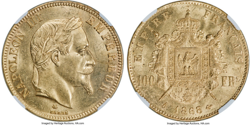 Napoleon III gold 100 Francs 1868-A MS63 NGC, Paris mint, KM802.1, Fr-580. Minta...