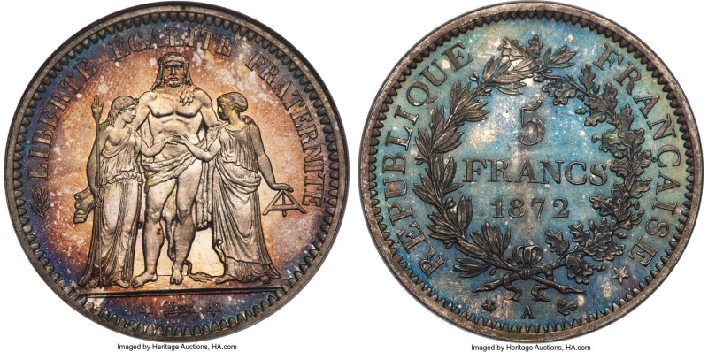 Republic 5 Francs 1872-A MS68 NGC, Paris mint, KM820.1, Gad-745a. The single hig...