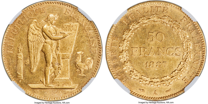 Republic gold 50 Francs 1887-A AU58 NGC, Paris mint, KM831, Fr-591. Mintage: 301...