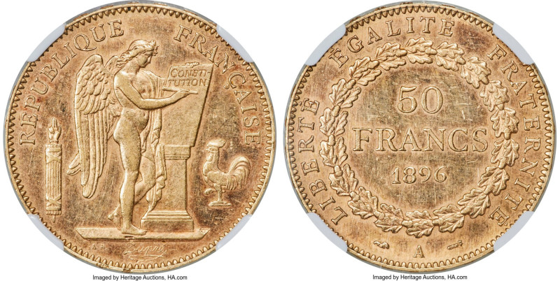 Republic gold 50 Francs 1896-A AU58 NGC, Paris mint, KM831, Fr-591. Mintage: 800...