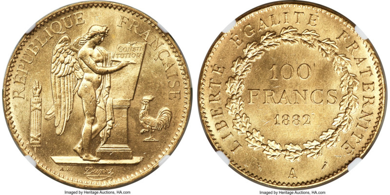 Republic gold 100 Francs 1882-A MS65 NGC, Paris mint, KM832, Gad-1137. Mintage: ...