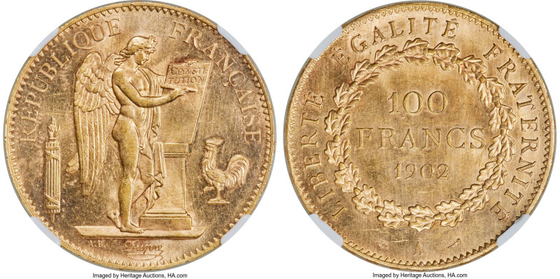 Republic gold 100 Francs 1902-A MS64 NGC, Paris mint, KM832, Fr-590. Pedigreed a...