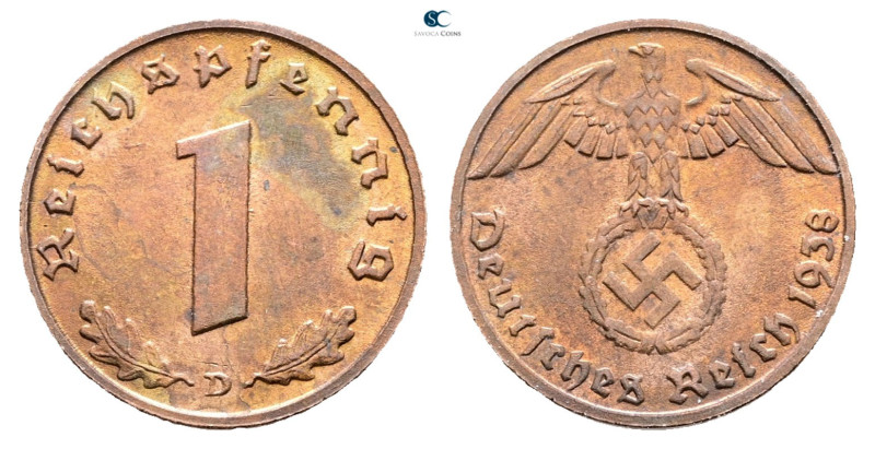 Germany. AD 1938. 
1 Reichspfennig 1938 D

 mm, 2 g



Nearly Uncirculate...