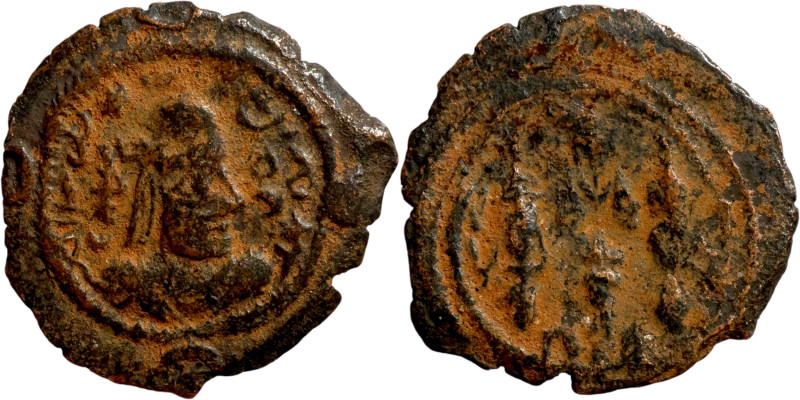 Sasnian Empire, Bronze coins. Obverse: Crowned Bust. Reverse: Fire and two guard...