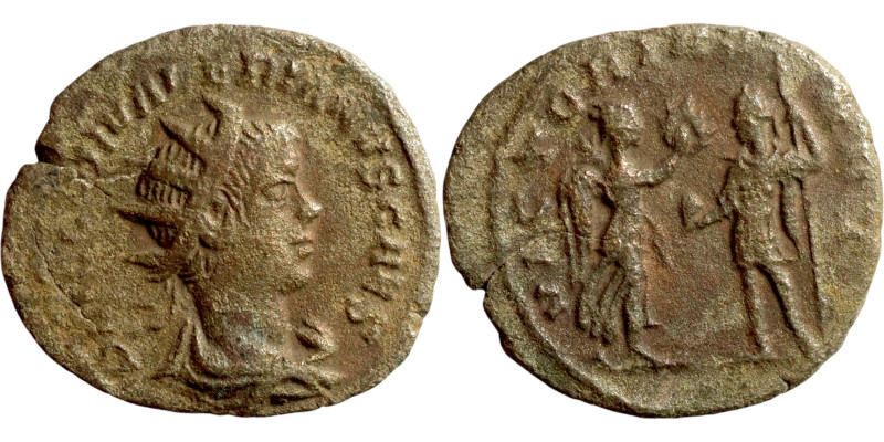 Valerian II (253-257 AD). Antioch mint ?. Obv.: P LIC COR VALERIANVS CAES. Radia...