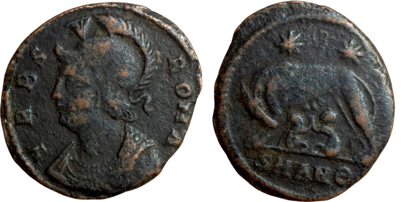 Constantine I (330-335 AD). Antioch mint. Obv: VRBS ROMA / SMANΘ, Helmeted and m...