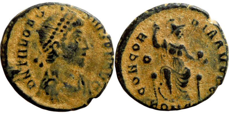 Theodosius I (379-395) Follis. Obv: DN THEODOSIVS PF AVG, diademed, draped, bust...