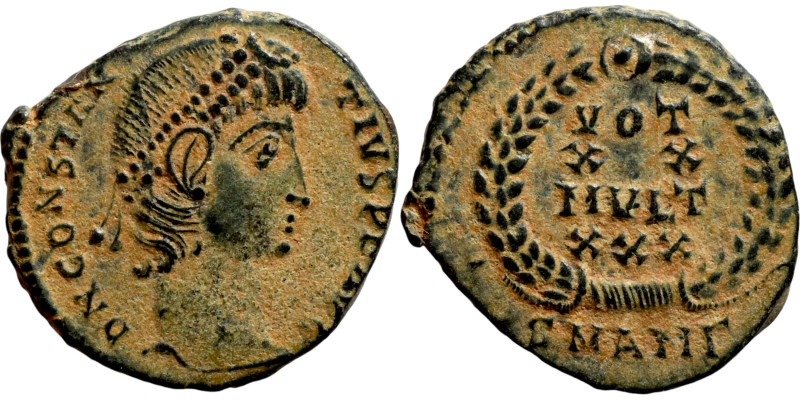 Constantinus II (337-361) Follis. Obverse: DN CONSTANTINVS PF AVG, Laureate, dra...