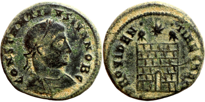 Constantine II (Caesar, 314-326). Follis. Obv: CONSTANTINVS IVN NOB C, laureate,...