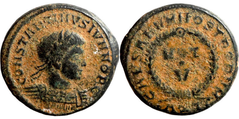 Constantine II (Caesar, 317-326). Follis.Obv: CONSTANTINVS IVN NOB C. Laureate a...