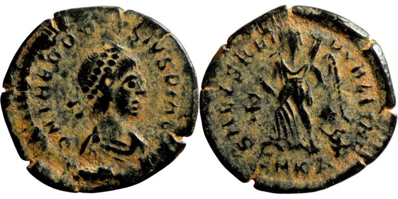 Theodosius I (379-395) Follis. Obverse: DN THEODO-SIVS PF AVG, pearl-diademed, d...