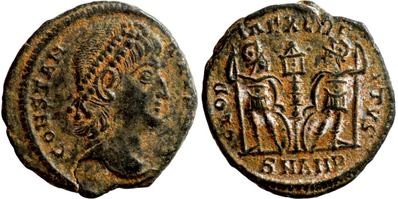 Constantius II (337-361) Follis. Obverse: CONSTANTIVS AVG, diademed, draped, cui...