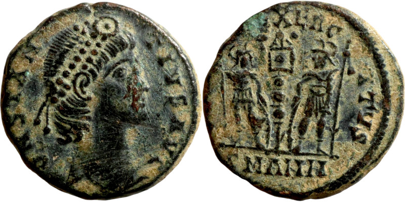 Constantius II (337-361) Follis. Obverse: CONSTANTIVS AVG, diademed, draped, cui...