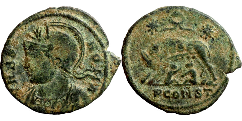 Constantinus I. (306-337 AD). Follis Obv: VRBS ROMA. helmeted bust of Constantin...