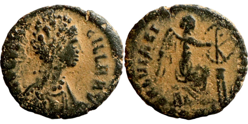 Aelia Flaccilla Follis. . Obv: AEL FLACCILLA AVG. Pearl-diademed, draped bust ri...