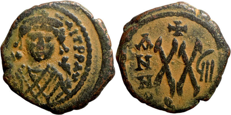 Maurice Tiberius (582-602) Half Follis. Antioch. Obverse: Crowned bust facing, w...