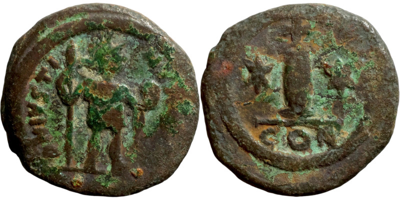 Justin II (565-578) Decanummium. Obverse: Imperial figure holding spear and glob...